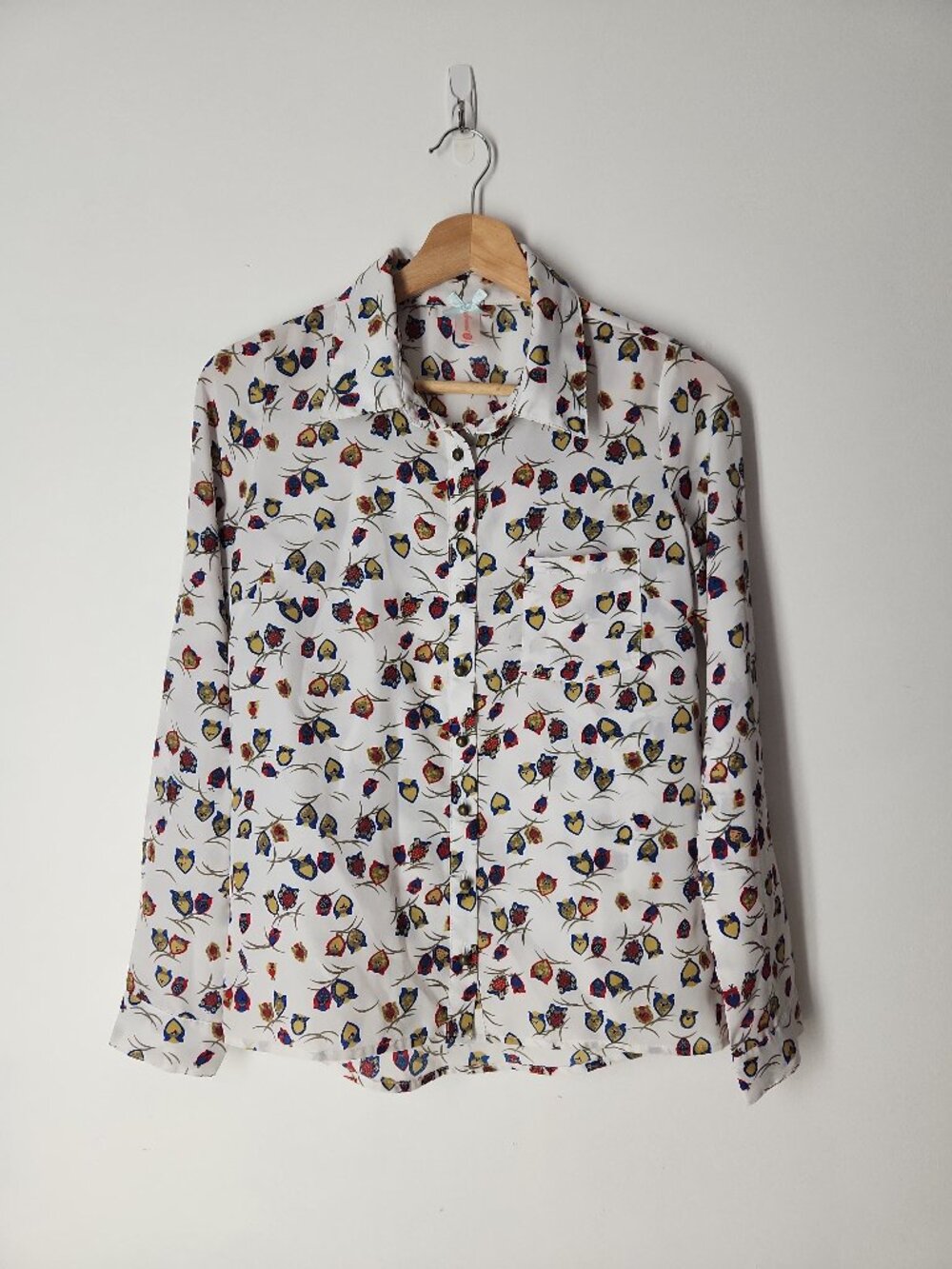 Whimsical multicolor owl print button down blouse top shirt XXS